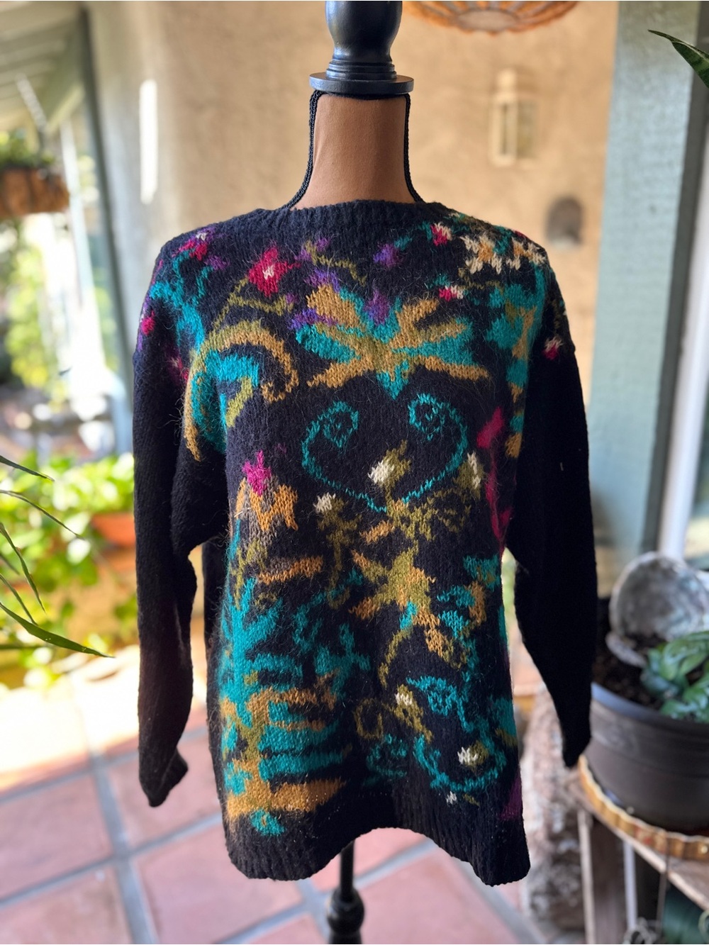 Black Multicolor Patterned Crewneck Sweater